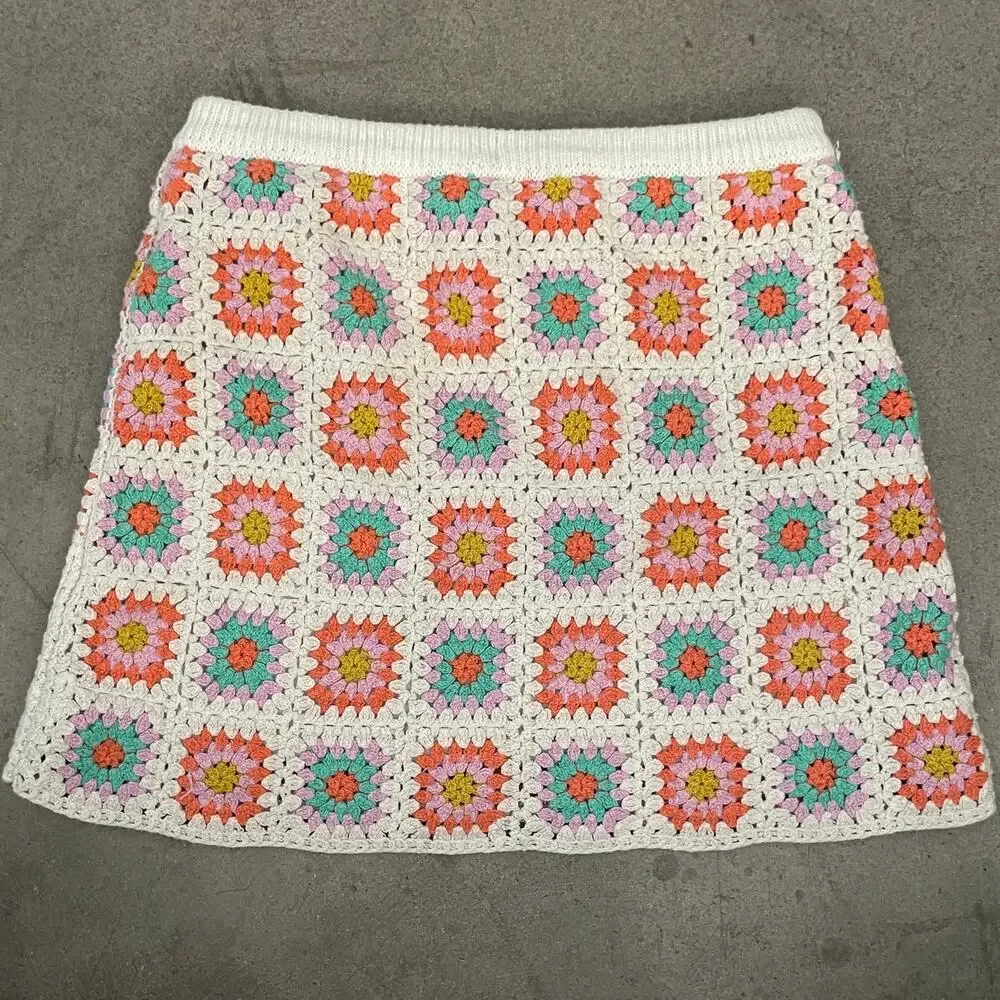 Art Class Girls Crochet Granny Square Sweater Skirt Boho Retro Size L 10/12
